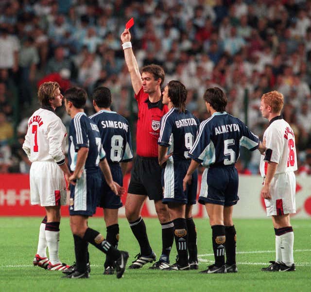England’s David Beckham (left) is given a red card during a 1998 World Cup clash with Argentina (Adam Butler/PA Archive)