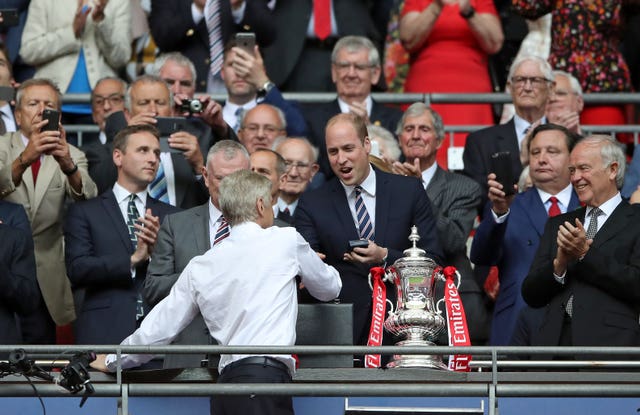 FA President the Duke of Cambridge shakes hands with manager Arsene Wenger after the final whistle, during the Emirates FA Cup Final at Wembley (Nick Potts/PA)