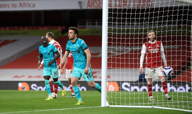 Liverpool’s Diogo Jota celebrates scoring at Arsenal