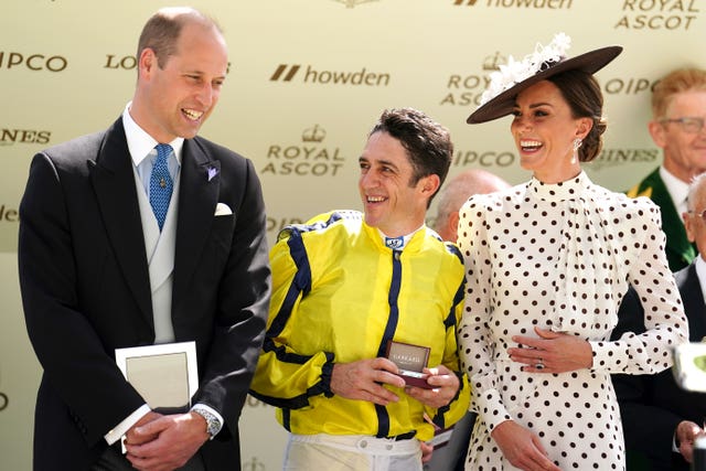 Jockey Christophe Soumillon (centre) raises a laugh from the Duke and Duchess of Cambridge following Perfect Power's win in the Commonwealth Cup