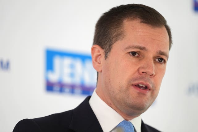 Conservative Party leadership candidate Robert Jenrick delivering a speech 