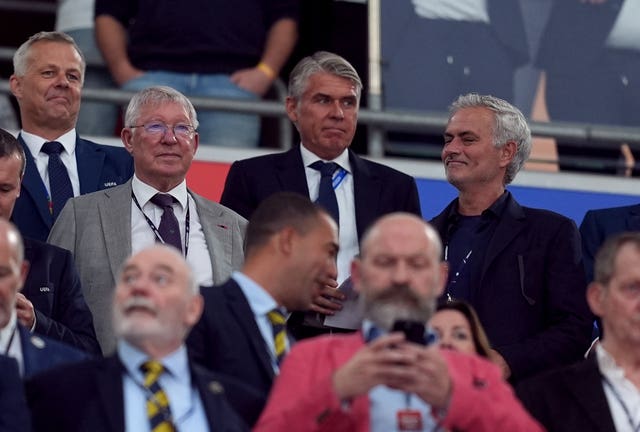 Sir Alex Ferguson and Jose Mourinho, right, in the stands in Munich