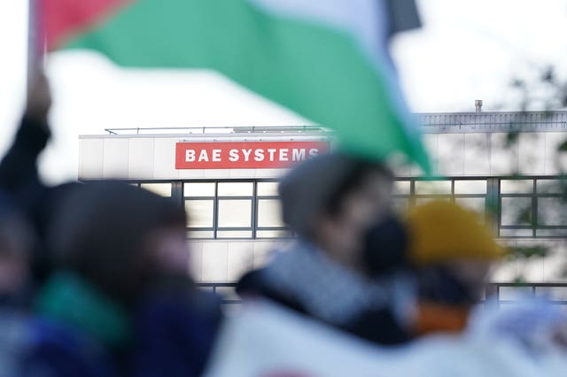 Trade unionists and protesters form a blockade outside weapons manufacturer BAE Systems in Rochester, Kent