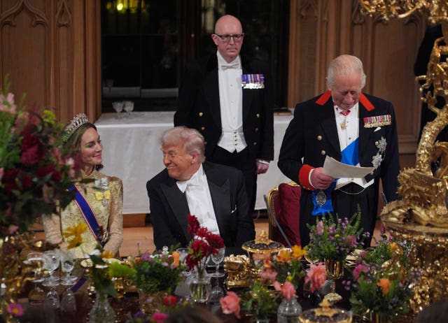 Donald Trump grins at the Princess of Wales as the King delivers his banquet speech