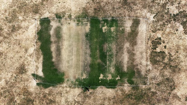 Aerial view of parched cricket pitch