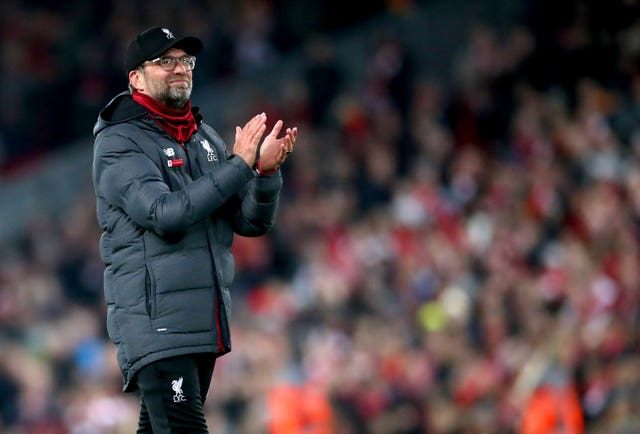 Liverpool manager Jurgen Klopp applauds the fans at the end of the Premier League match at Anfield following his side's 1-0 win over Wolves
