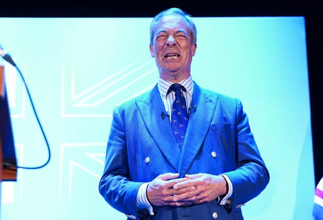 Reform UK leader Nigel Farage screws up his face at Princes Theatre in Clacton