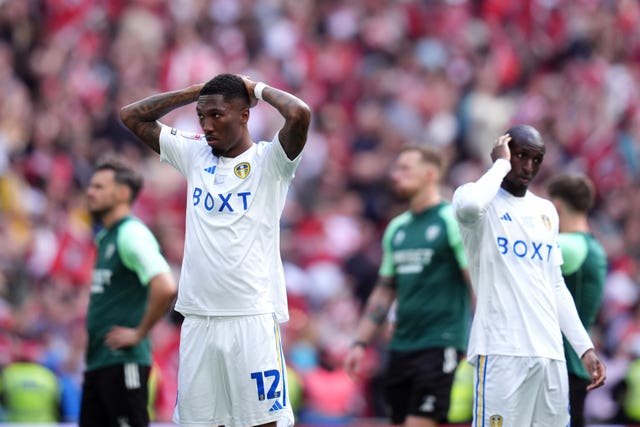 Leeds’ Jaidon Anthony reacts after losing the Sky Bet Championship play-off final at Wembley (John Walton/PA)