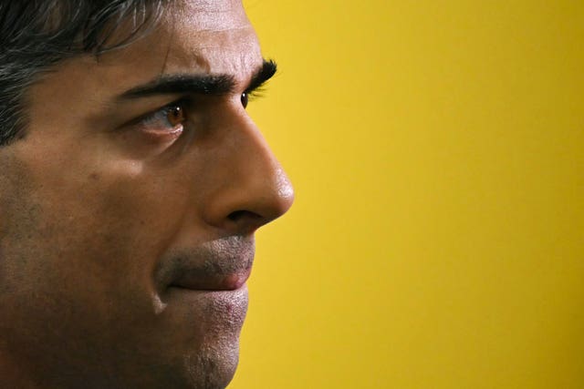  Prime Minister Rishi Sunak reacting as he speaks to the media during a visit to a medical training centre at the University of Surrey in Guildford, Surrey (Justin Tallis/PA)