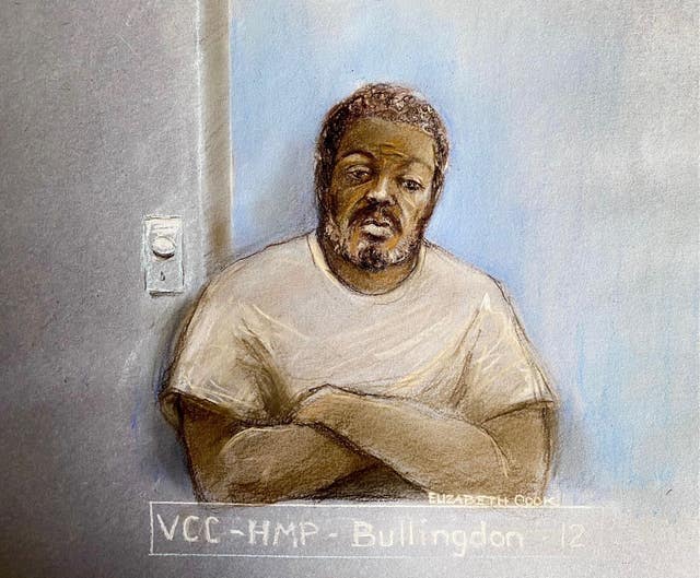 Court artist sketch by Elizabeth Cook of Jazwell Brown appearing via videolink at Luton Crown Court 