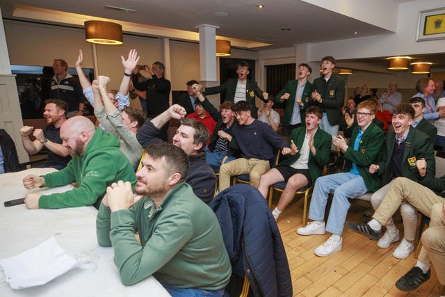 Holywood Golf Club members watch the final day of the US Masters 2025