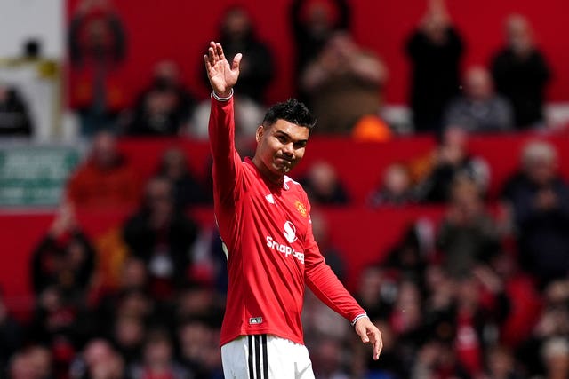 Manchester United’s Casemiro waves to the crowd after being substituted