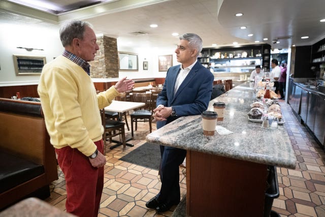 Mayor of London Sadiq Khan meets former New York mayor, Michael Bloomberg at 3 Guys diner in New York City