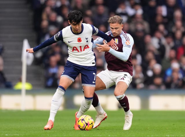 Tottenham Hotspur’s Son Heung-Min (left) and Aston Villa’s Matty Cash battle for the ball 