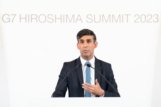Prime Minister Rishi Sunak holds a news conference at the end of the G7 summit in Hiroshima, Japan