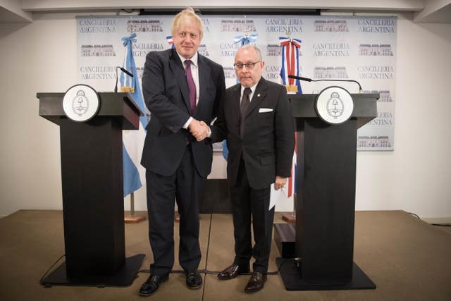 Foreign Secretary Boris Johnson with his Argentinean counterpart Jorge Faurie in Buenos Aires (Stefan Rousseau/PA)