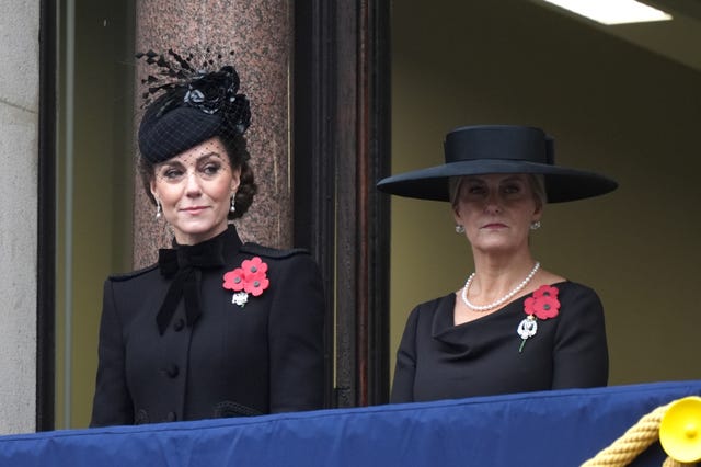 The Princess of Wales and the Duchess of Edinburgh on a balcony at the Foreign, Commonwealth and Development Office (FCDO) during the Remembrance Sunday service at the Cenotaph in London.