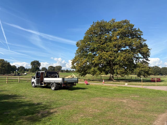 Workmen installing fencing in Windsor Great Park 