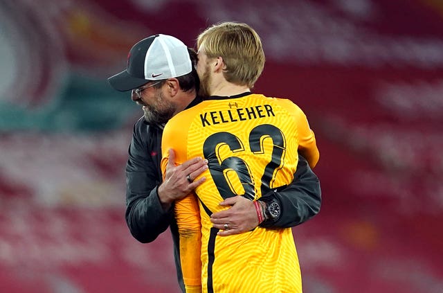 Jurgen Klopp embraces Caoimhin Kelleher after the game