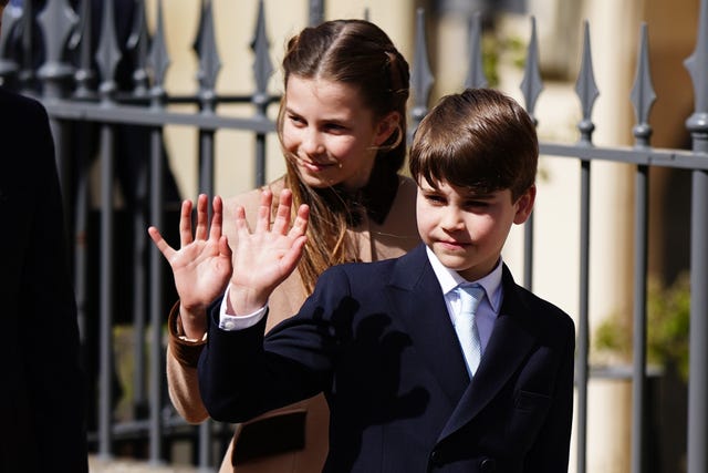 Louis with his sister Charlotte after attending the Easter Service at St George&rsquo;s Chapel, Windsor Castle 