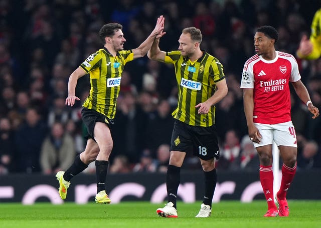 Kairat’s Jorge Jorginho (left) celebrates with team-mate Dan Glazer 