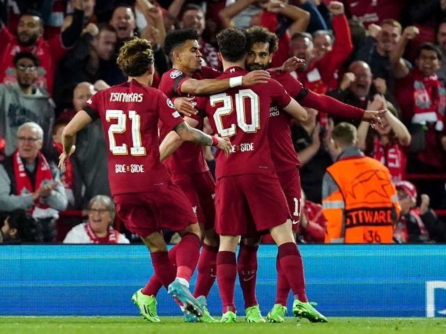 Mohamed Salah (right) celebrates opening the scoring 