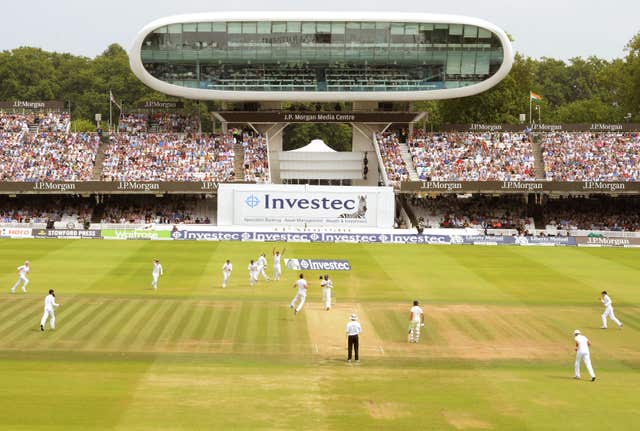 A wide view of Lord's as James Anderson celebrates taking the wicket of India’s Murali Vijay