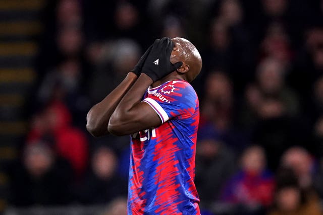 Crystal Palace's Jean-Philippe Mateta reacts to a missed opportunity