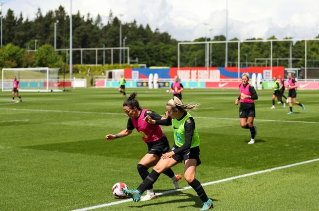 England Women training on the Sir Bobby Charlton pitch on Tuesday (Bradley Collyer/PA).