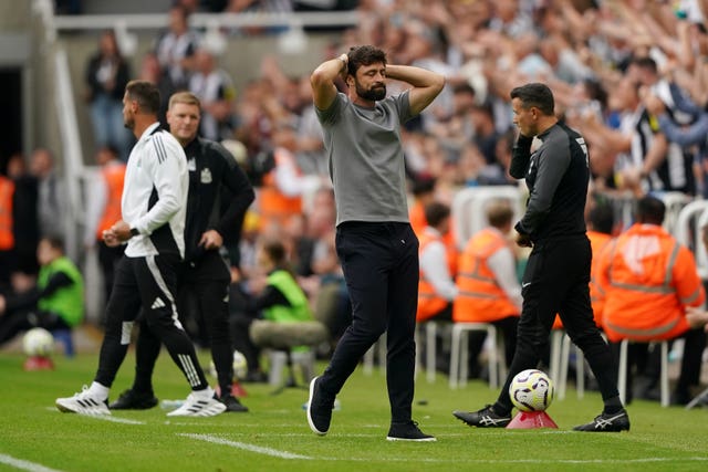 Southampton manager Russell Martin reacts on the touchline during the Premier League defeat at Newcastle