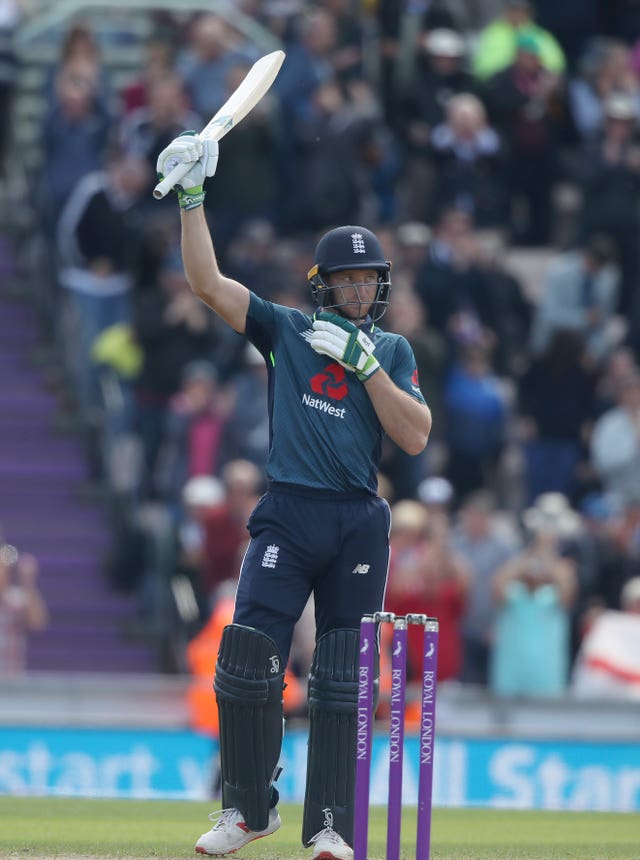 Jos Buttler celebrates his century during the second one-day international