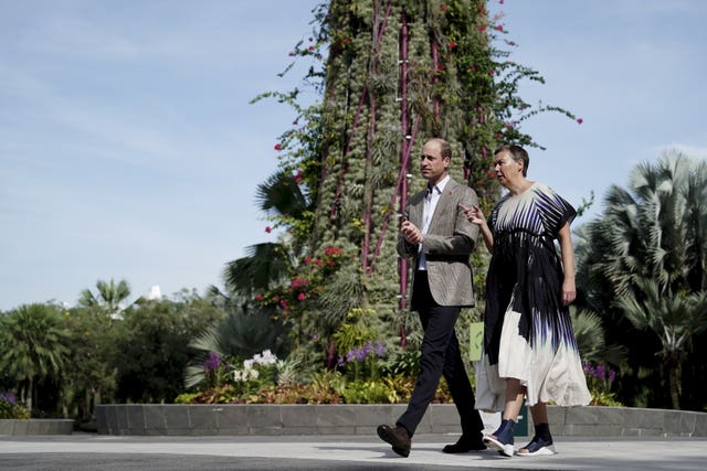 The Prince of Wales with Earthshot CEO Hannah Jones as he meets finalists at the base of the world famous ‘Supertrees’ in Gardens by the Bay, Singapore.