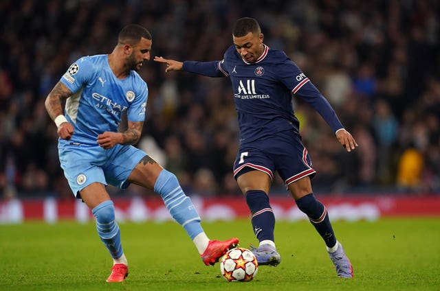 Manchester City full-back Kyle Walker, left, and Paris St Germain forward Kylian Mbappe will go head to head again on Saturday 