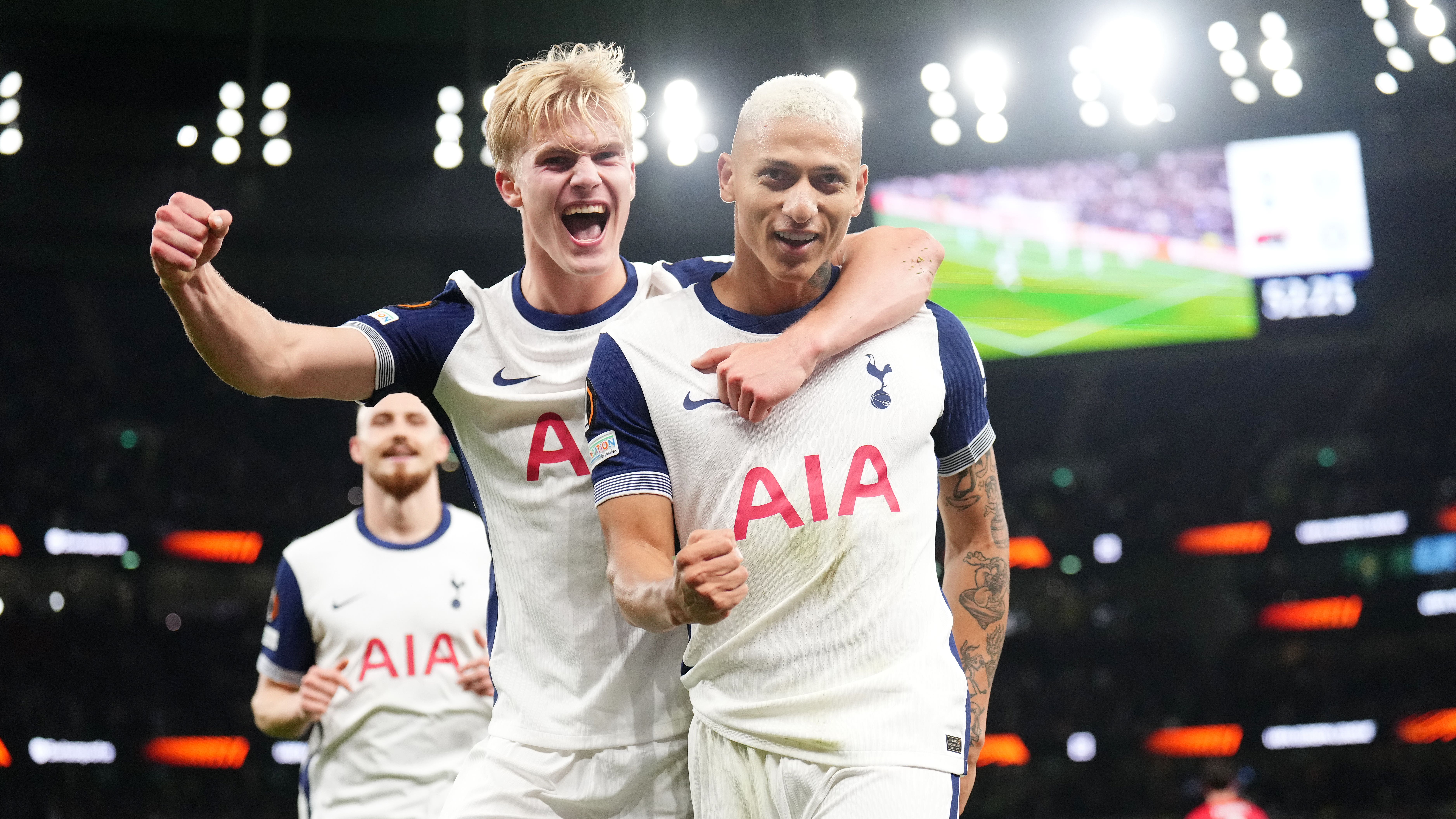 Tottenham forward Richarlison (right) celebrates scoring in the 1-0 win over AZ Alkmaar (John Walton/PA)