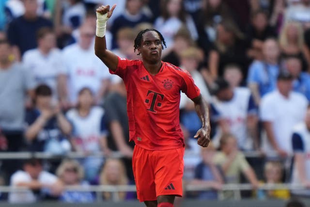 Bayern Munich�s Mathys Tel celebrates scoring his sides first goal of the game during the pre-season friendly match at the Tottenham Hotspur Stadium, 