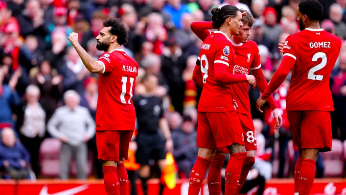 Liverpool’s Mohamed Salah celebrates his winner (Peter Byrne/PA).