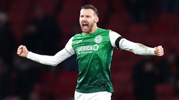 Hibernian’s Martin Boyle celebrates after the final whistle during the Premier Sports Cup semi-final match at Ibrox Stadium, Glasgow. Picture date: Sunday November 21, 2021.