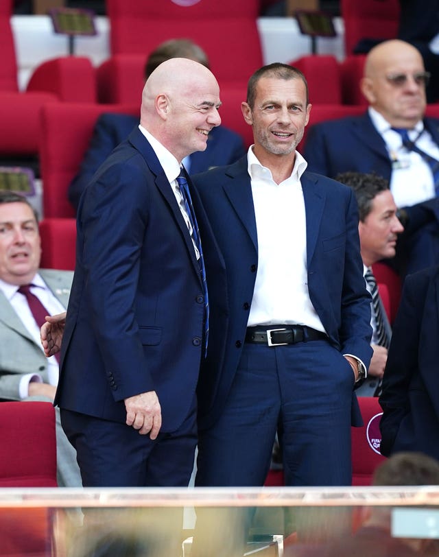 UEFA president Aleksander Ceferin, right, and his FIFA counterpart Gianni Infantino spoke out against the Super League last year 