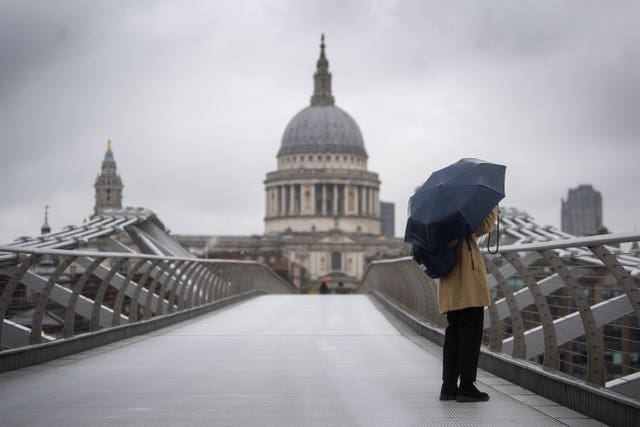 Stormy scenes on the Millennium Bridge in, London 