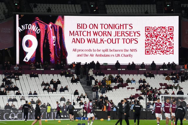 A view of a big screen at the London Stadium announcing details of the auction in support of the NHS and Air Ambulances UK