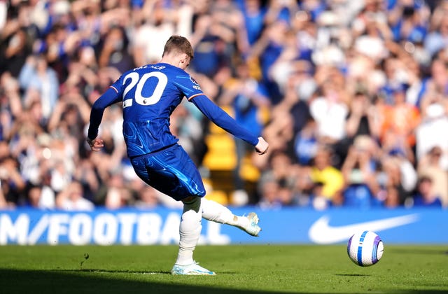 Chelsea’s Cole Palmer sees his penalty saved by Leicester goalkeeper Mads Hermansen (not pictured)