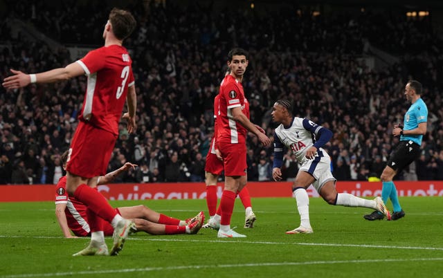 Tottenham Hotspur’s Wilson Odobert celebrates scoring in the Europa League against AZ Alkmaar 