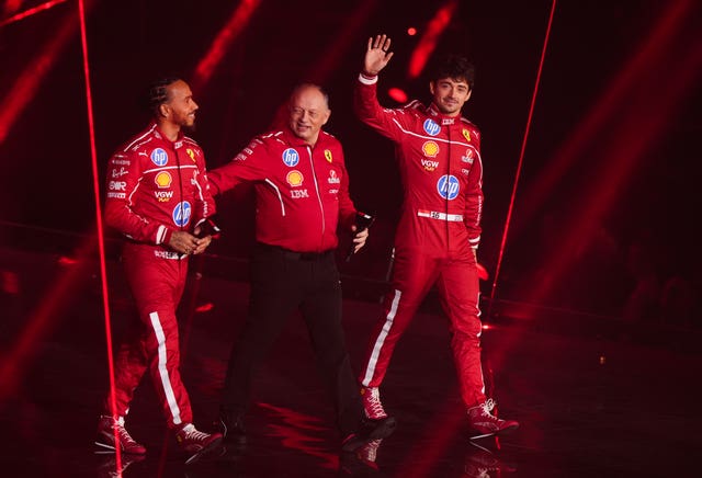 Hamilton walks alongside Vasseur and Leclerc