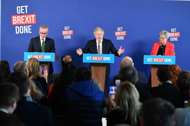 Boris Johnson, centre, spoke alongside Leave allies Michael Gove and Gisela Stuart 