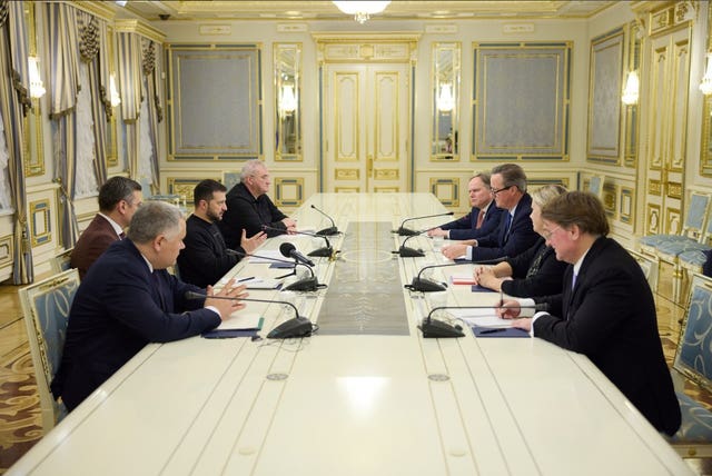 Lord Cameron, third from right, met with Ukrainian president Volodymyr Zelensky, third from left, in Kyiv