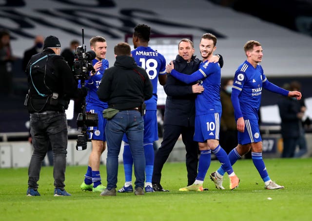 Leicester celebrate on the pitch at full-time at Tottenham