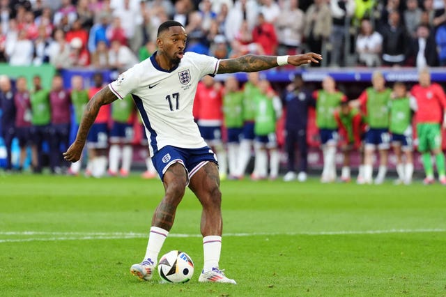 England's Ivan Toney scores in the penalty shoot-out win over Switzerland