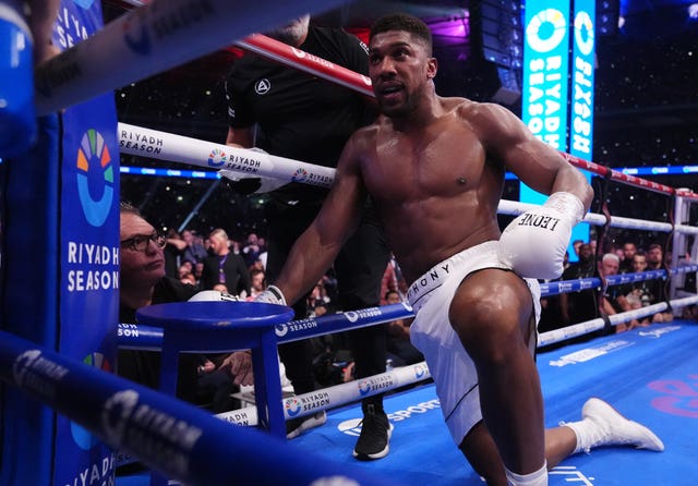 Anthony Joshua rises to his feet after being knocked down by Daniel Dubois
