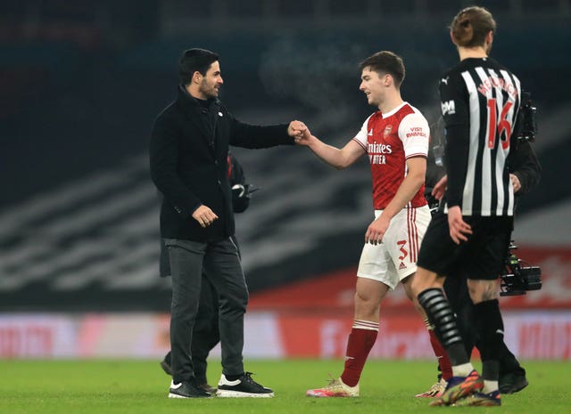 Kieran Tierney (right) is the only natural left-back in Arteta's first-team squad.