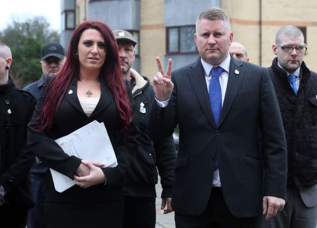 Paul Golding and Jayda Fransen are on trial at Folkestone Magistrates’ Court (Gareth Fuller/PA)